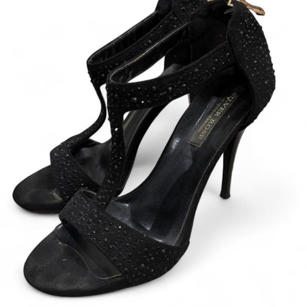 Silver Rose Spain Black Rhinestone T-Strap Stiletto Heels Size 37 US 7
